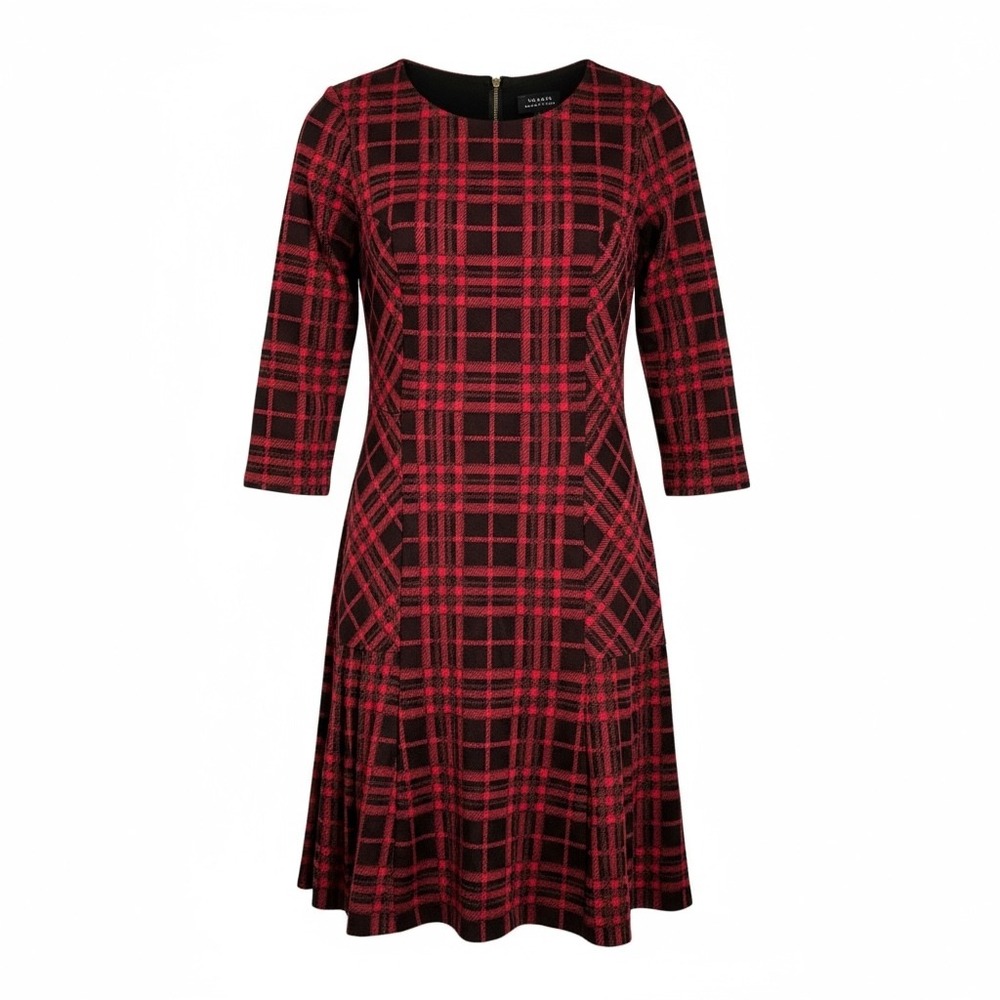 Tahari Arthur S Levine Red Plaid Fit Flare‎ Dress 3/4 Sleeve Academia Holiday 4